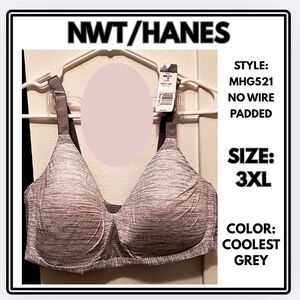 🔥NWT/Hanes Women's No Wire Padded Bra - Cool Grey/ 3XL